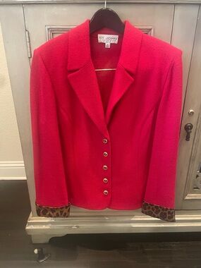 St. John Vibrant Red Knit Blazer with Removable Leopard Cuff
